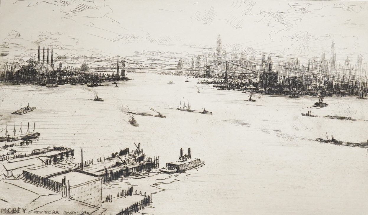 James McBey (1883-1959), drypoint etching, 'New York, March 1930' (East River, Sunset), signed in ink and numbered XXXVI, 20.5 x 35cm. Condition - essentially good condition; Unmounted, slight paper discolouration, acid